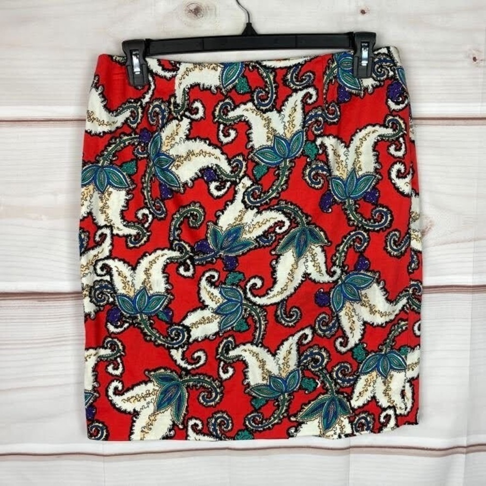 Premise Skirt Womens 12 Red Paisley Cotton Stretch Pencil Knee Length Colorful - Picture 1 of 6